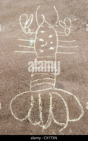 Childs chalk drawing of a lobster on a sidewalk in Rockport Maine. Stock Photo