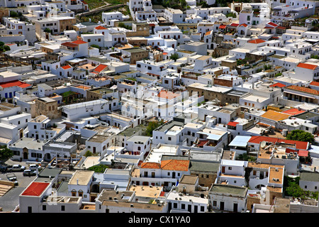 Partial view of beautiful Lindos village from its castle (Acropolis) . Rhodes island, Dodecanese, Greece Stock Photo