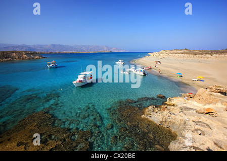 Kamarelles beach, right next to the ancient theater, at Koufonissi, uninhabited island, about 3 miles south of Crete,  Greece Stock Photo