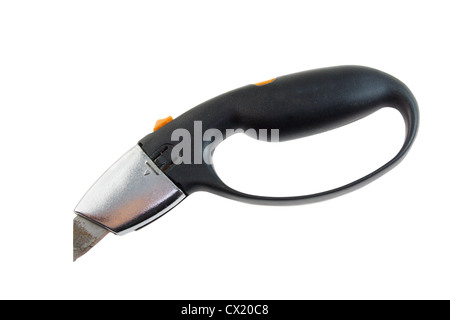 black handled utility knife with hand guard and retractable blade isolated on white Stock Photo