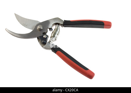 steel pruning shears with orange and black handles on white Stock Photo
