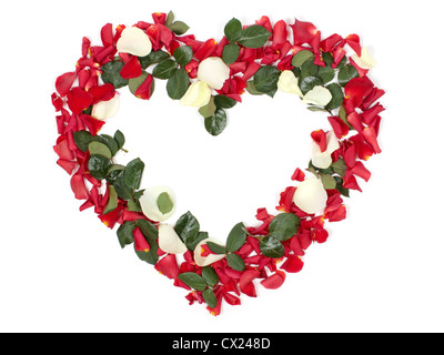 Heart shaped bouquet of red and white roses on white background Stock Photo