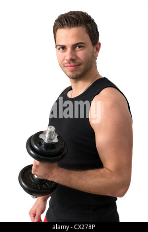 Young attractive man pumping weights in a black tank top Stock Photo