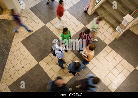 A group of college students meet to talk between classes as others walk by. Stock Photo