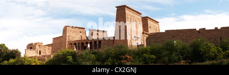 Panorama of the ancient Temple of Philae dedicated to the Goddess Isis near Aswan, Egypt Stock Photo