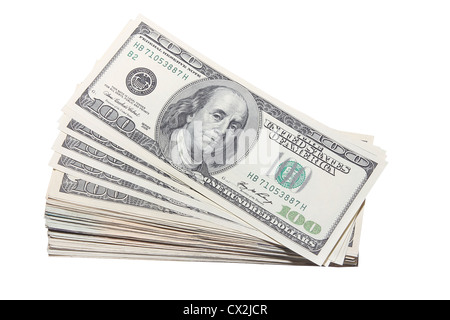 Stash of US One Hundred Dollar Bills Banknotes Isolated on White Background Stock Photo