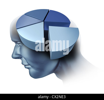 Analyzing the human brain with an illustration of a head and a three dimensional pie chart as a medical symbol of research into Stock Photo
