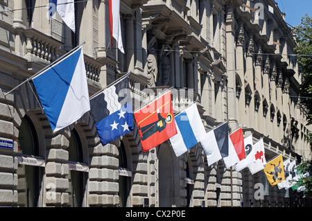 Paradeplatz, UBS, Credit Suisse, Swiss flags,1. August, national holyday, Switzerland, Zurich, Stock Photo