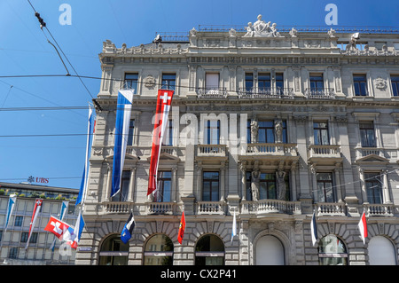 Paradeplatz, UBS, Credit Suisse, Swiss flags,1. August, national day, Switzerland, Zurich, Stock Photo