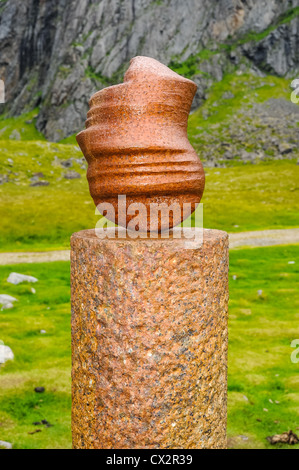 Eggum is located on the north side of Vestvågøya. This sculpture, the Head, changes form 16 times as you walk around it. Stock Photo