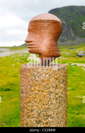 Eggum is located on the north side of Vestvågøya. This sculpture, the Head, changes form 16 times as you walk around it. Stock Photo