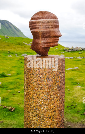 Eggum is located on the north side of Vestvågøya. This sculpture, the Head, changes form 16 times as you walk around it. Stock Photo