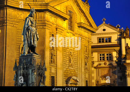 Night shot of the statue of King Charles IV, Knights of the Cross square,Prague,Czech Republic. Stock Photo