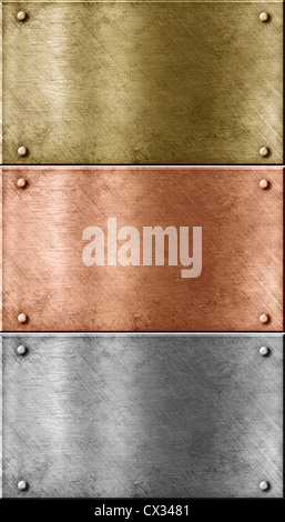 metal plates set including bronze (copper), gold (brass) and aluminum Stock Photo