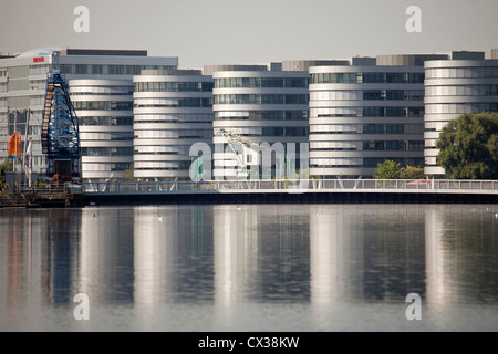Five Boats” office complex, designed by the British architect Nicholas Grimshaw. Duisburg Inner Harbour, Duisburg, Germany Stock Photo