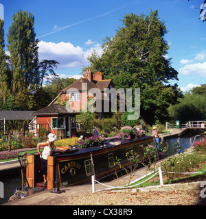 Narrow boat in Sonning Lock on River Thames Stock Photo