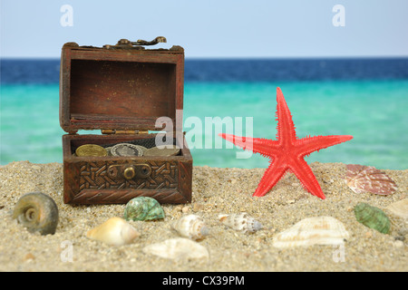 Summer scene #17 - Red Starfish on beach with treasure Stock Photo
