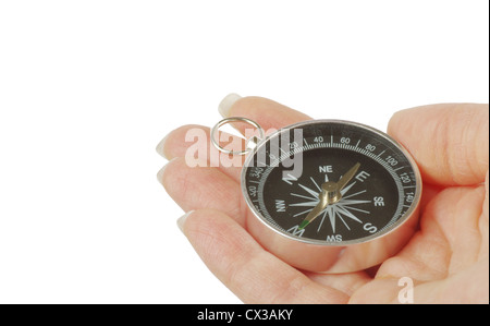 Compass in a hand isolated on the white Stock Photo