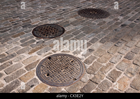 Manhole covers in Brooklyn, New York.  The WSNY stands for 'Water Supply of New York.' Stock Photo