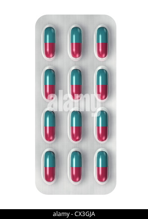 Rot-Grüne Kapseln in einer Blister Verpackung aus weiß - Red-Green Capsules with Medicine in a Blister Pack Stock Photo