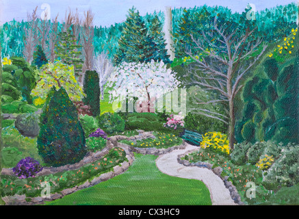 A small painting of an early spring scene in the Butchart Gardens, Victoria, British Colombia, Canada. Stock Photo