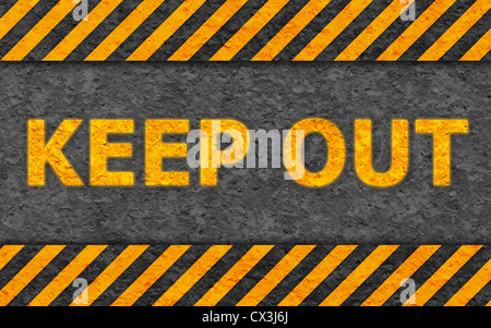 Grunge Black and Orange Plate with Warning Text (Keep Out), Old Metal Textured Stock Photo