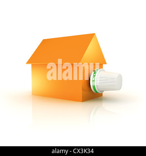Haus mit Heizkörper Thermostatventil auf weissem Grund - Thermostatic Valve on a small House Stock Photo
