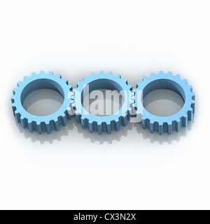 Three Gear Wheels Working together - 3 blaue Zahnräder in einer Reihe auf weissem Hintergrund Stock Photo