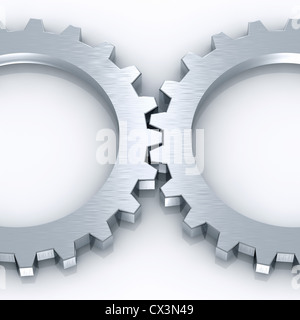 Two Gear Wheels Working together - 2 silber-graue Zahnräder  auf weissem Hintergrund Stock Photo