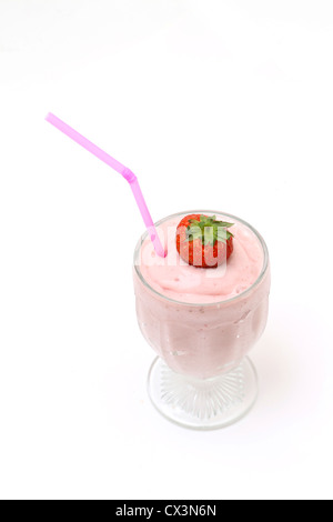 Strawberry Milkshake In A Glass With Strawberry And Straw Stock Photo