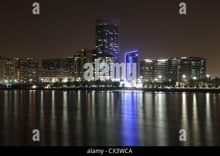 Abu Dhabi skyline at night, United Arab Emirates Stock Photo