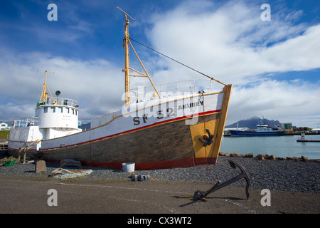 Fishing Vessel, SF 52 Akurey, on display as a monument at Hofn Harbour (Höfn Í Hornafirđi), South East Iceland Stock Photo