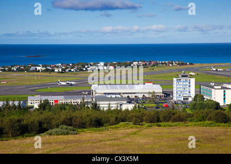 Aerial view of Reykjavik Domestic Airport, Reykjavíkurflugvöllur, from the Perlan Stock Photo