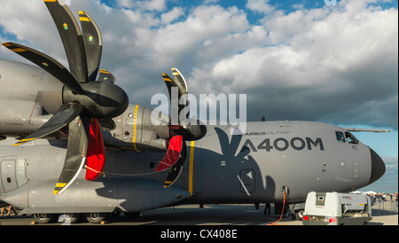 Airbus A400M military transporter aircraft on runway during air show in Berlin/Germany. High resolution Hasselblad digital shot. Stock Photo