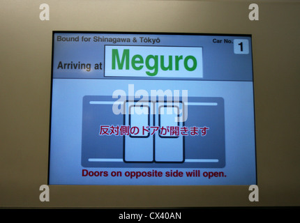 Sign showing which side of train doors will open, Meguro, Tokyo Japan. Stock Photo