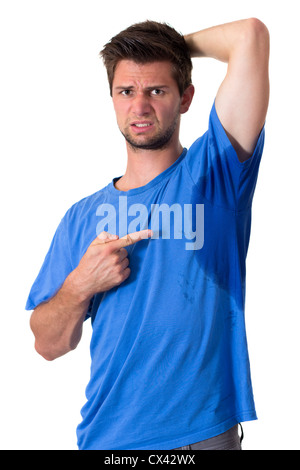 Man with Hyperhidrosis sweating very badly under armpit Stock Photo