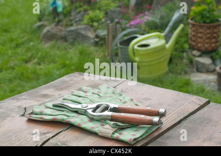 Garden gloves and clippers on table in garden. Stock Photo