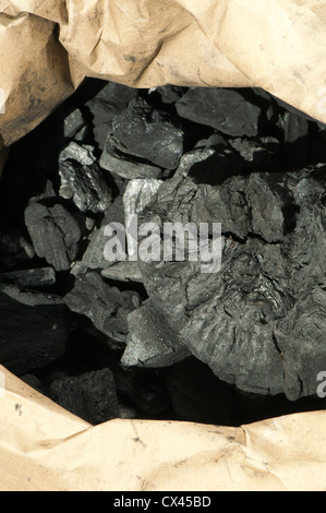 Natural charcoal in paper envelope close up. Stock Photo