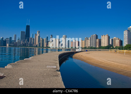 North Avenue Beach set up for a volleyball tournament with Chicago skyline. Stock Photo