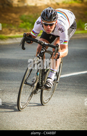 World Champion Mark Cavendish descending Caerphilly Mountain during the Tour of Britain Stock Photo