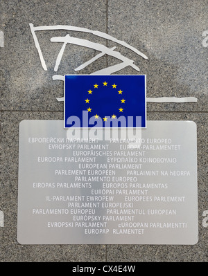 Multi-lingual sign on the wall of the European Parliament in Brussels at the heart of Europe Stock Photo
