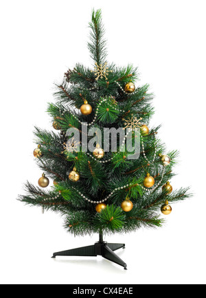 Christmas tree decorated with golden ball toys on a blurry, sparkling ...