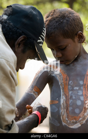 Young indigenous dancer getting ready at the Laura Aboriginal Dance Festival. Laura, Queensland, Australia Stock Photo