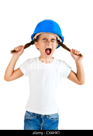 Little young girl yelling and wearing a protection helmet, isolated on white background Stock Photo