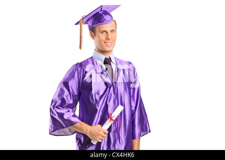 A graduate student holding a diploma isolated on white background Stock Photo