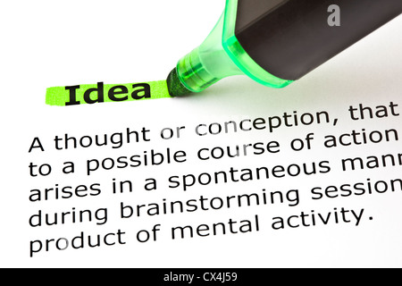 Definition of the word Idea highlighted in green with felt tip pen Stock Photo