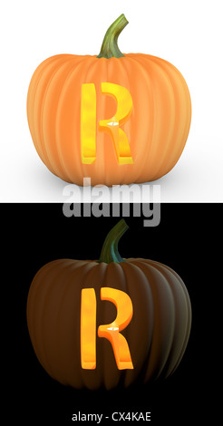 R letter carved on pumpkin jack lantern isolated on and white background Stock Photo