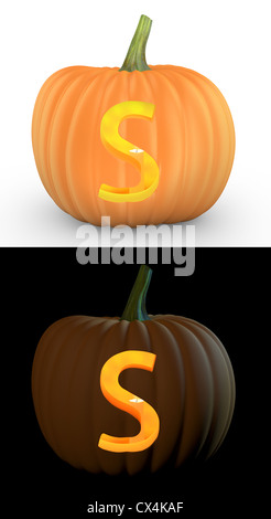 S letter carved on pumpkin jack lantern isolated on and white background Stock Photo