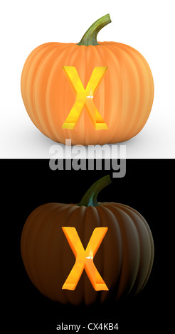 X letter carved on pumpkin jack lantern isolated on and white background Stock Photo