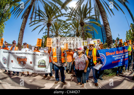 At Anaheim, CA, city hall, workers protest a city council ballot measure restricting local workers' hiring. Stock Photo